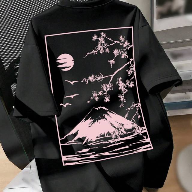 SHEIN Japanese Cherry Blossom Landscape Print Casual Short Sleeve T-Shirt For Teen Boys, Suitable For Summer