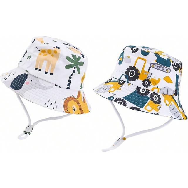 SHEIN 2pcs Kids&#39; Bucket Hat With Animal Park & Construction Vehicle Patterns, Unisex, Great For Daily Outdoor Activities, Beach, Sun Protection