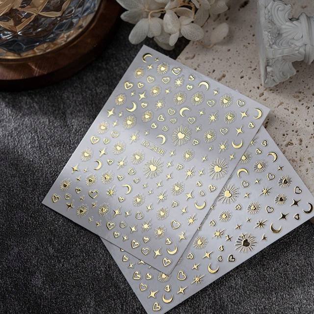 SHEIN 2 Sheets Bohemian Theme Nail Art Stickers With Star, Moon, Pattern And Heart Shape DIY