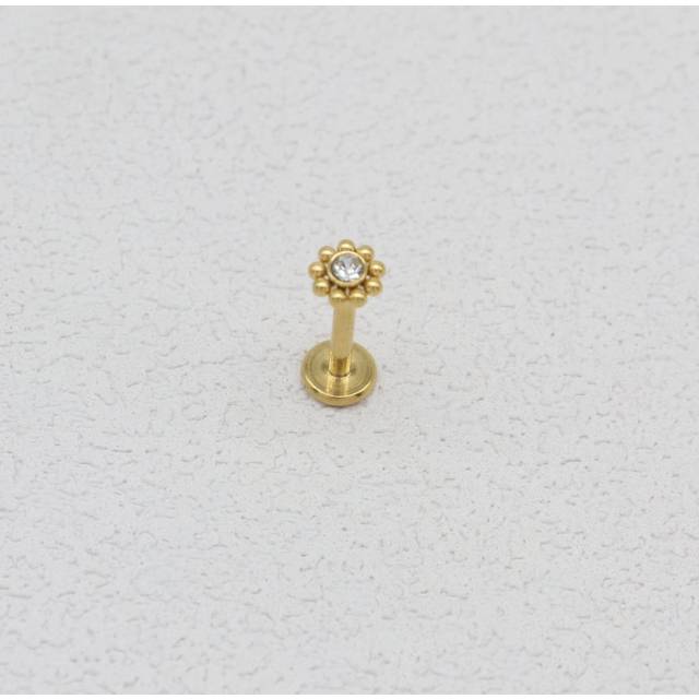 1 ST Flower Lip Stud Labret Bar Clear CZ Gem Rund Ball Monroe Tragus Piercing Stål Brosk 16G EAR HELIX Örhänge Valentines - Gult guld (1,2x8 mm (16g))