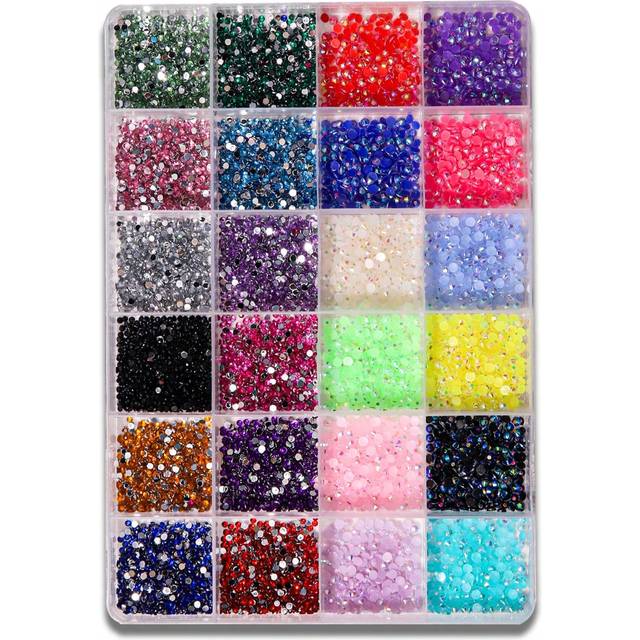 24-facks nagelkonststranstenar - Färgglada platta hartsfluorescerande elektropläterade AB-hartsstranstenar, nageldekorationer, 2 mm och 3 mm storlekar - Multifärgad
