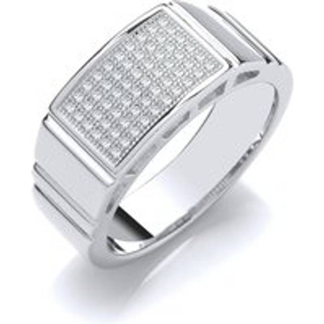 (U) Jewelco London Mens Rhodium Plated Sterling Silver Cubic Zirconia Encrusted Rectangular Signet Ring
