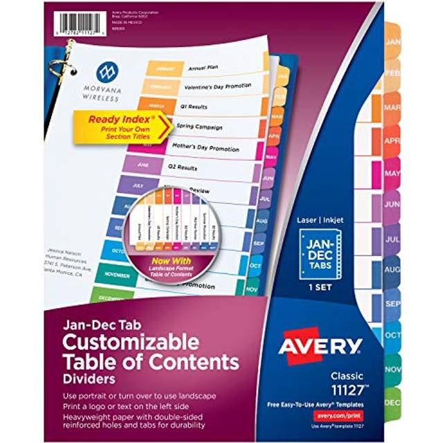 Avery Jan-Dec 12 Tab Dividers for 3 Ring Binders  Customizable Table of Contents  Multicolor Tabs  1 Set (11127)