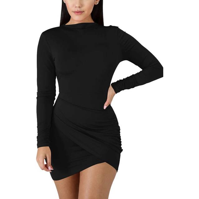 BORIFLORS Womens Sexy Wrap Front Long Sleeve Ruched Bodycon Mini club Dress X-Large Black