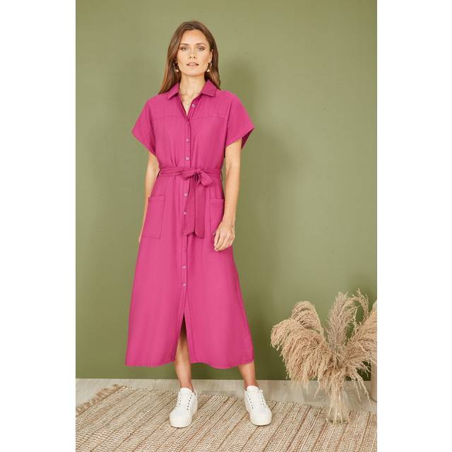 Yumi Womens Pink Viscose Relaxed Midi Shirt Dress With Pockets - Size 10 UK