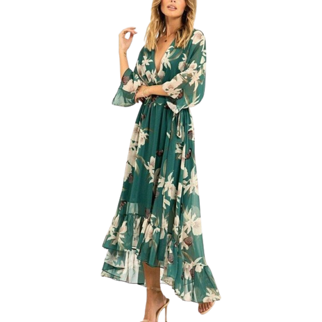 Yumi Floral Print Kimono Midi Wrap Dress - Green - Size 20 - Yumi