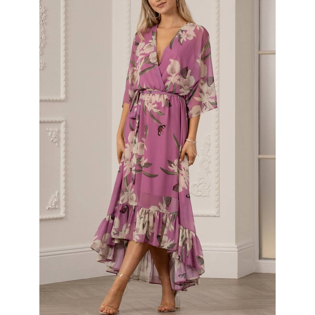 Soft Pink Floral Kimono Sleeves Dip Hem Wrap Midi Dress - Size 10 UK - Yumi