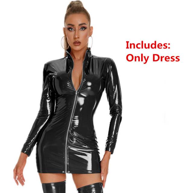 Sexy Women Zipper Open Bust Bodycon Mini Dress Punk Dance Dress Latex PU Faux Leather Wetlook Club Dress Elastic