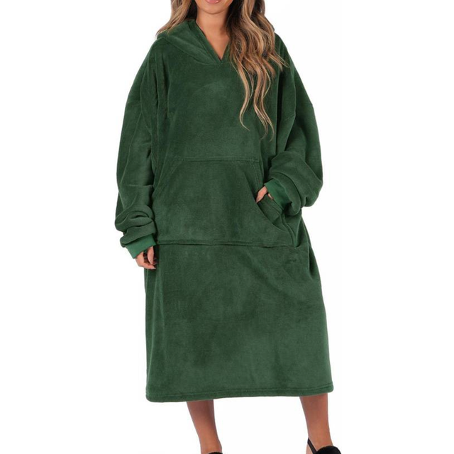 Long Oversized Sherpa Fleece Hoodie Blanket - Dark Green - One Size