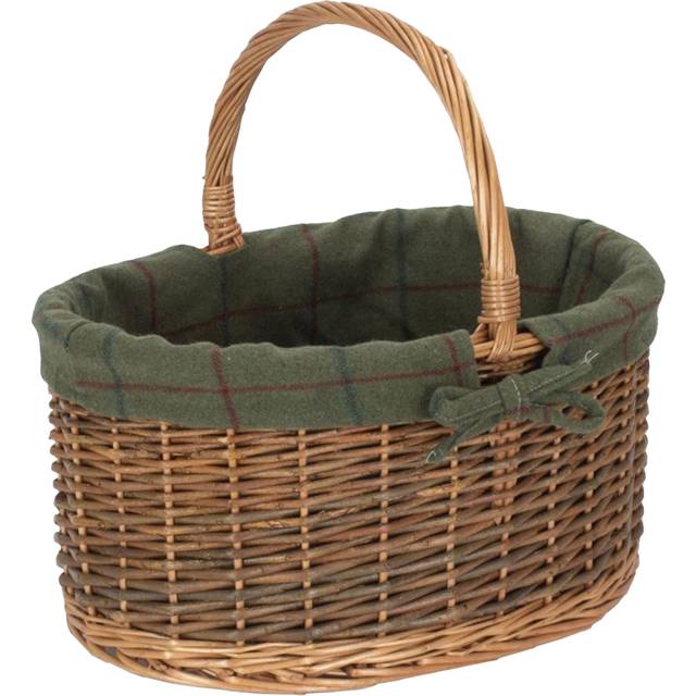 Green Tweed Lined Country Oval Wicker Shopping Basket - Large