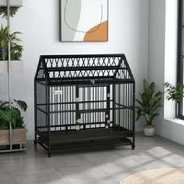 PawHut 48 Inch Heavy Duty Dog Crate On Wheels W/ Removable Tray - Openable Top | TJ Hughes Black