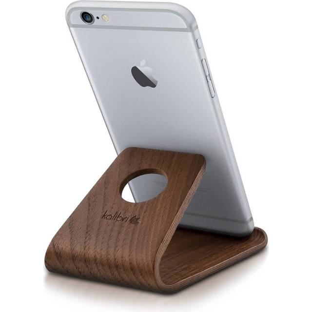 Wooden Phone Stand - Universal Mobile Phone and Tablet Holder Made of Real Wood - For Desk, Bedside Table, Night Stand - Dark Brown Walnut