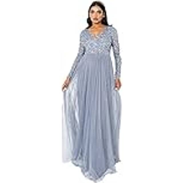Maya Deluxe V Neck Embellished Long Sleeve Maxi Dress Blue 26