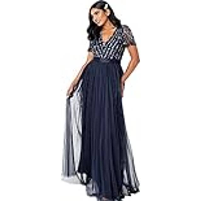 Belted Stripe Embellished Maxi Dress - Dark Navy - 8