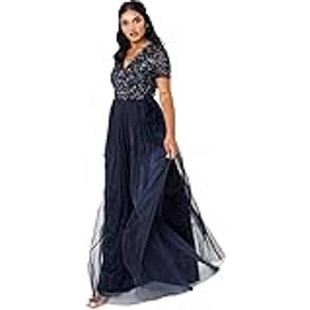 Short Sleeve V Neck Embellished Maxi Dress - Dark Navy - 28