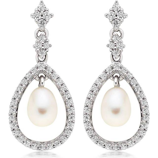 Silver Cubic Zirconia Freshwater Cultured Pearl Drop Earrings