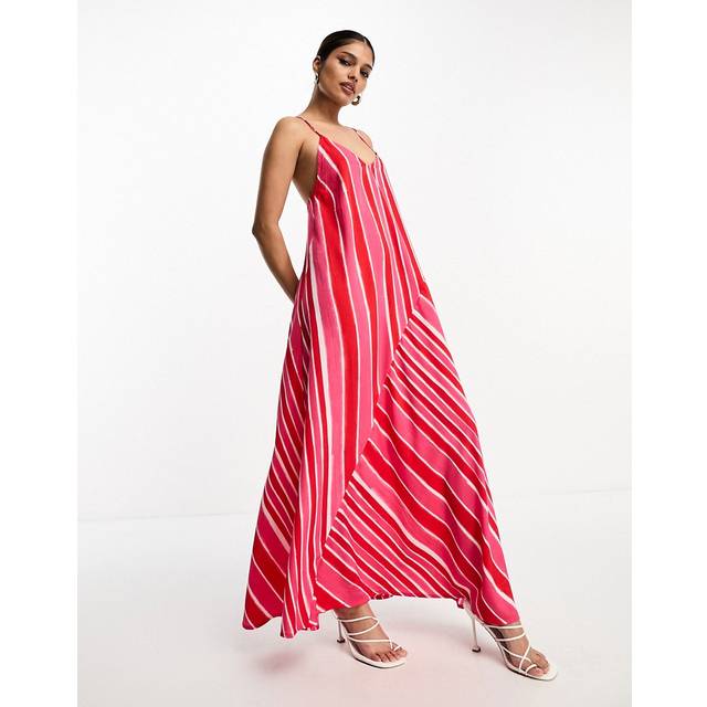 River island womens slip maxi dress pink stripe print v-neck spaghetti straps