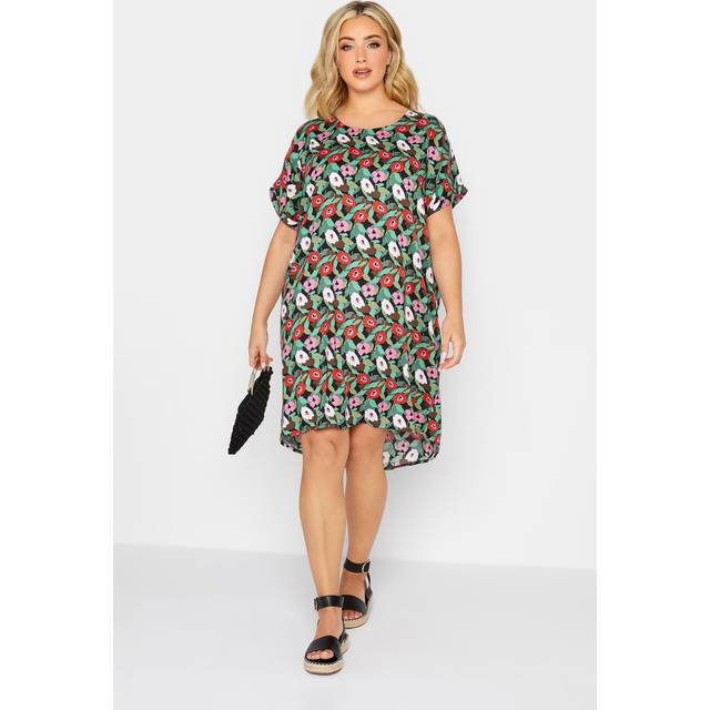 Yours Curve Black Floral Print Dipped Hem Shift Dress, Women's Curve & Plus Size, Yours - 16