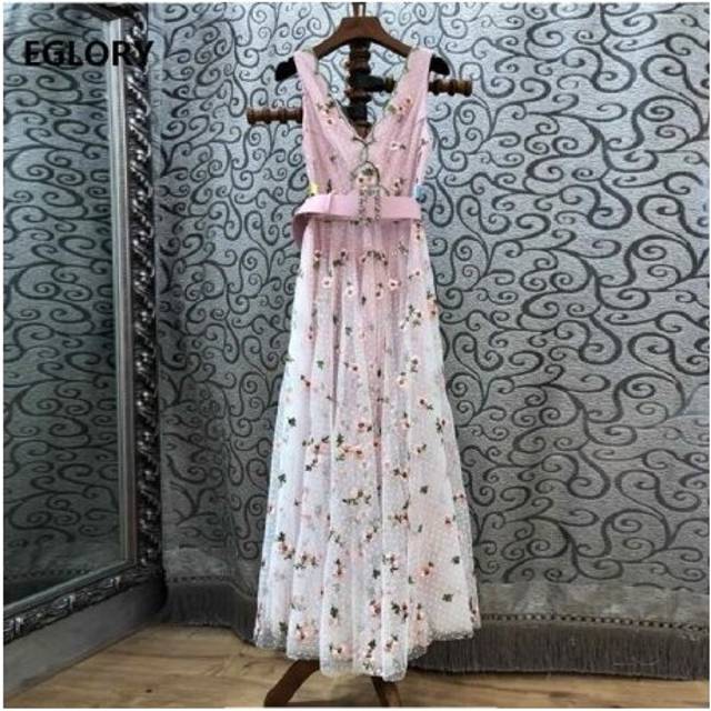 (L) Top Qulity New 2019 Spring Summer Wedding Party Events Long Dress Women V-Neck Allover Luxurious Embroidery Long Maxi Dress Belt