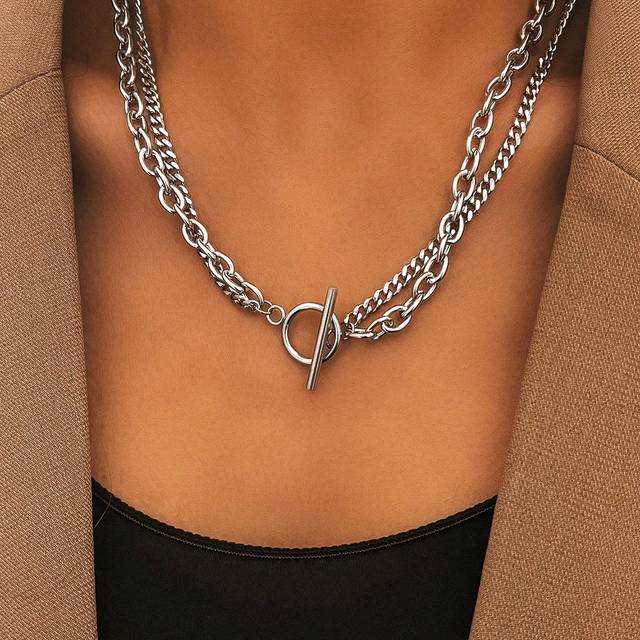 SHEIN Stainless Steel Necklaces OT Buckle  Chain Multilayer Chain Hip Hop Punk Statement Necklace For Women Jewelry Banquet Gifts