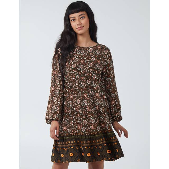 Blue Vanilla Womens MARISA - Paisley Long Sleeve Smock Dress - Khaki - Size Small