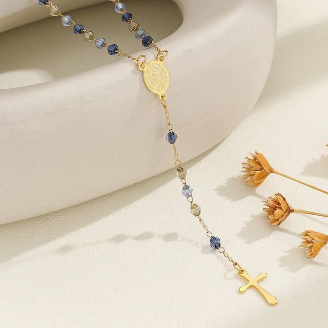 1 st. Färgglad kristall Pärlor Rostfritt Stål Kors Hänge Halsband För kvinnor