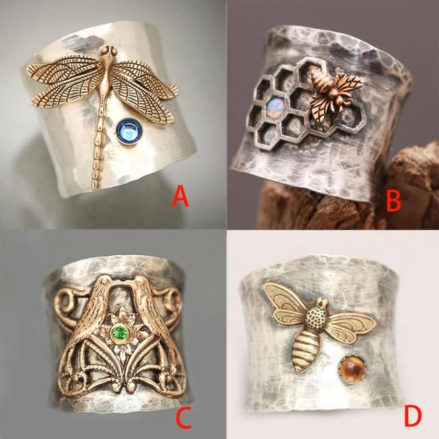 SHEIN 1pc Vintage Wide Statement Carved Flower Dragonfly Rounded Tube Ring