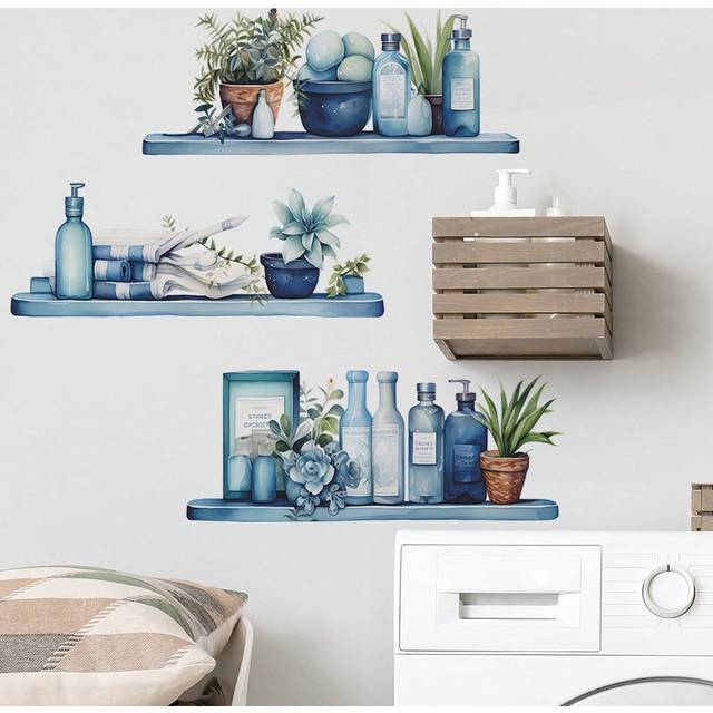 mama look 1pc Watercolor Blue Shelf & Bottle Design Living Room Wall Decoration Sticker,Stickers,Wall Decal,Vinly Decal For Home Decorations,Spring Decoration I