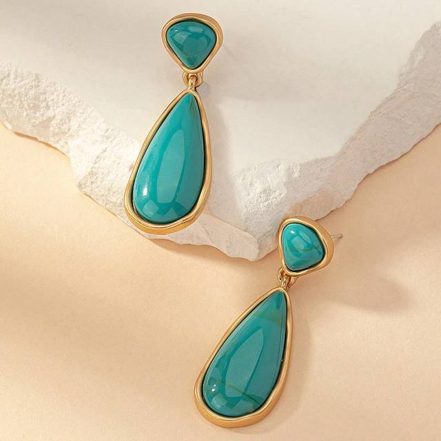 SHEIN 1pc Fashionable Matte Gold Plated Geometric Faux Turquoise Crystal Teardrop Dangle Earrings, Elegant & Suitable For Daily Wear And Parties