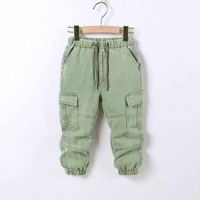 SHEIN Young Boy&#39;s Vintage Casual Street Cool Jeans, Loose Fit, Comfortable With Elastic Waistband, Drawstring &Cuffed Hem, Multiple Pockets