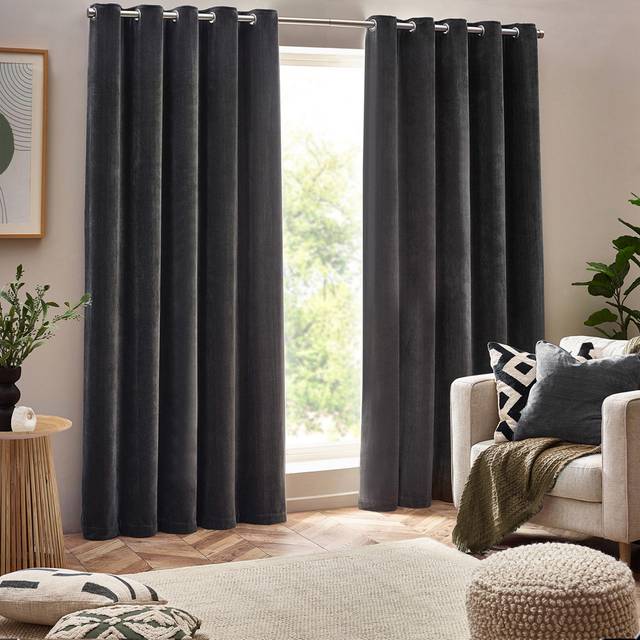 Yard Heavy Chenille Velvet Eyelet Curtains, Grey