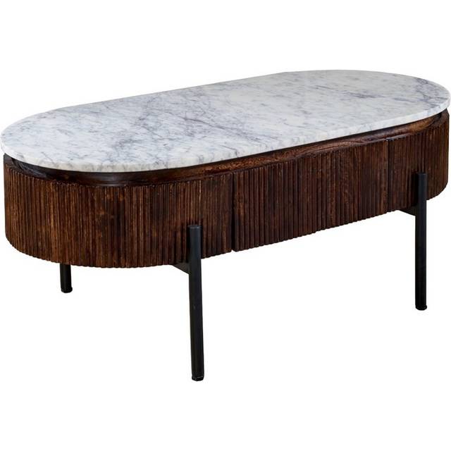 Brooklyn Opal 2 Drawer Marble Top Mango Wood Oval Rectangular Fluted Coffee Table - Brown