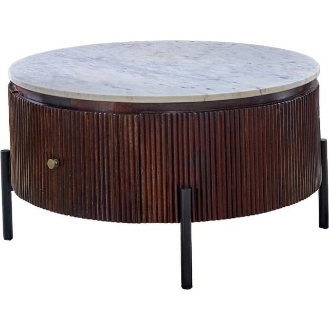 Opal Mango Wood Round Fluted Coffee Table with Marble Top and Metal Legs
