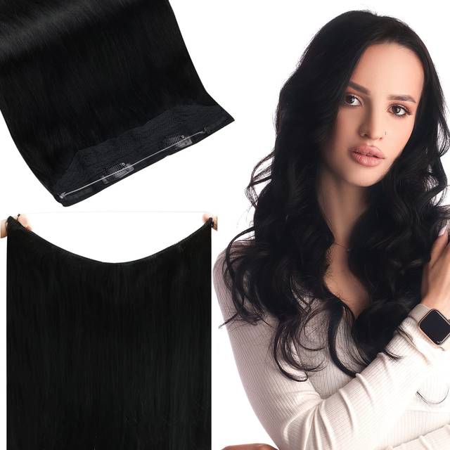Fshine Human Hair Extensions Wire Hair Jet Black 20 Inch 80g Hairpiece Real Human Hair Extensions Transparent Line Human Hair Extension Remy Wire Hair