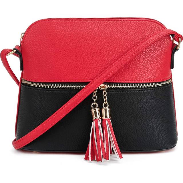 SG SUGU Lunar Lightweight Medium Dome Crossbody Bag Shoulder Bag with Double Tassels | Zipper Pocket | Adjustable Strap|Red/Black