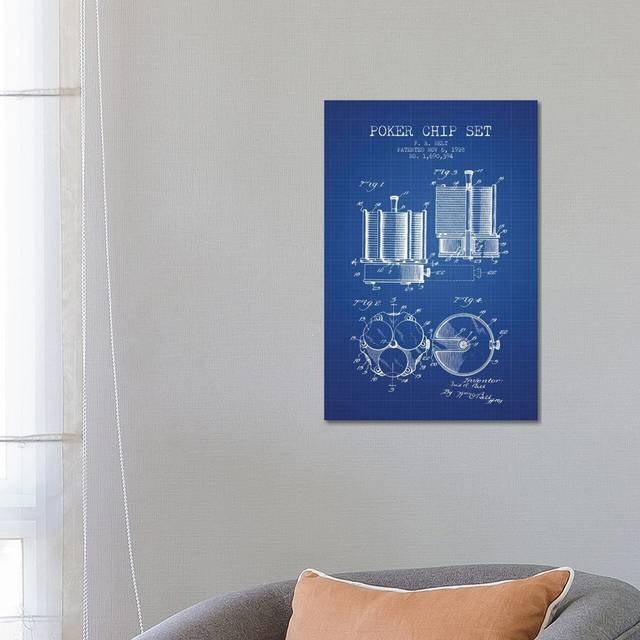 F.R. Belt Poker Chip Set Patent Sketch (Blue Grid) by Aged Pixel - Wrapped Canvas Art Prints (66.04 cm H x 45.72 cm W x 1.91 cm D)
