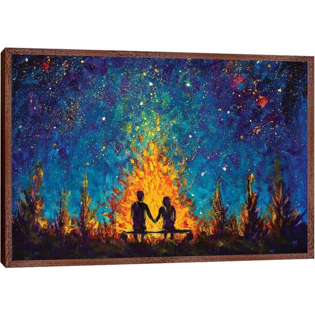 A Couple In Love Sitting On A Bench By The Night Fire And Looking At The Night Sky - Print - Classic Brown Wood Framed (66.04 cm H x 45.72 cm W)