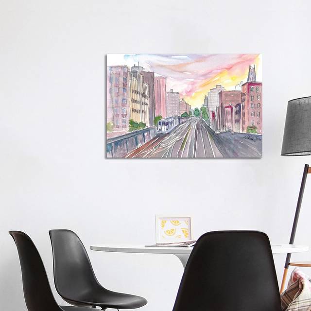 New York Skyline with Rails and Subway - Wrapped Canvas Painting (101.6 cm H x 66.04 cm W x 3.175 cm D)