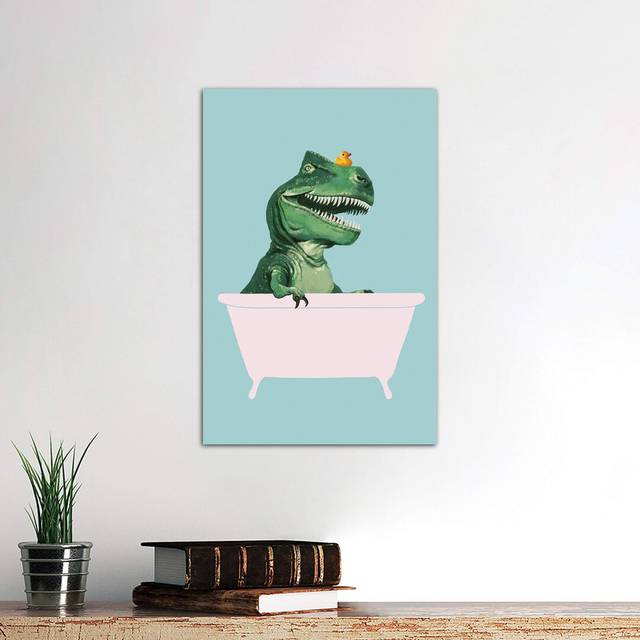 Playful T Rex in Bathtub in Green by Big Nose Work - Wrapped Canvas Graphic Art Print (66.04 cm H x 45.72 cm W x 1.91 cm D)