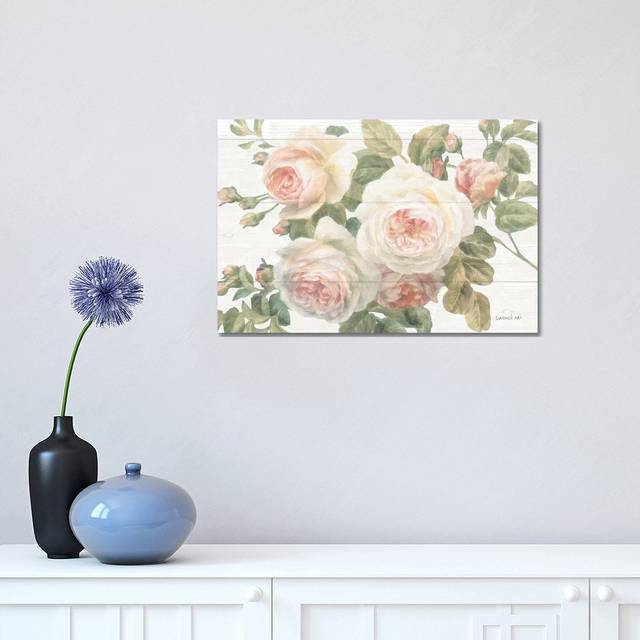 Vintage Roses White on Shiplap Crop by Danhui Nai - Wrapped Canvas Painting (30.48cm H x 45.72cm W x 1.91cm D)