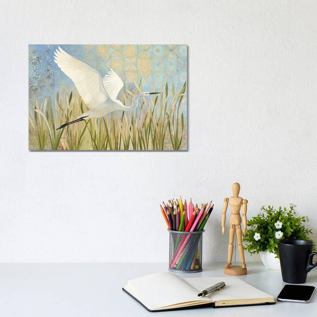 Snowy Egret in Flight by Kathrine Lovell - Wrapped Canvas Painting (20.32cm H x 30.48cm W x 1.91cm D)