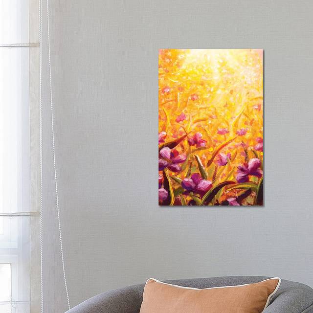 Beautiful Flowers in Sunshine on Yellow Background by Valery Rybakow - Painting on Canvas - Wrapped Canvas (66.04 cm H x 45.72 cm W x 1.91 cm D)