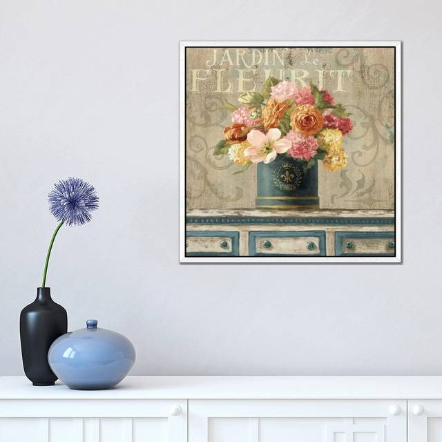 Tulips in Teal and Gold Hatbox by Danhui Nai - Graphic Art Print on Canvas - White Framed (45.72 cm H x 45.72 cm W)