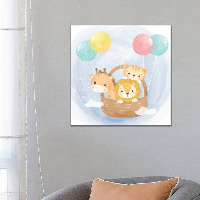 Baby Animals Flying with Balloons for Kids Room - Wrapped Canvas Graphic Art (66.04 cm H x 66.04 cm W)