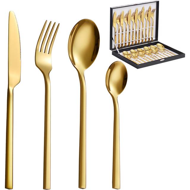 Velaze Series, 24-Piece Gold Square Handle Stainless Steel Cutlery Set, Service For 6 (24)