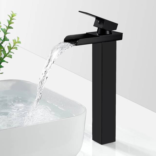 Matte Black Waterfall Bathroom Faucet, Basin Faucet with Height Spout, Square Countertop Basin Faucet in Brass, Cold & Hot Water Available, G 3/8