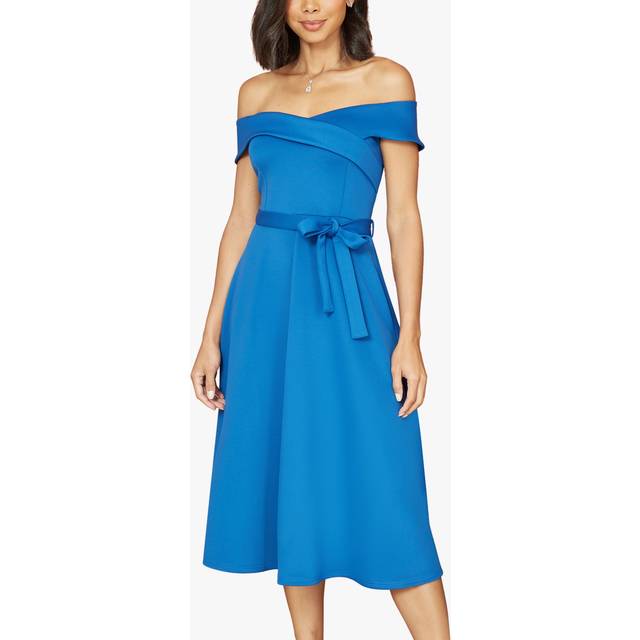 Yumi Womens Blue Bardot Stretch Midi Skater Dress - Size 14 UK