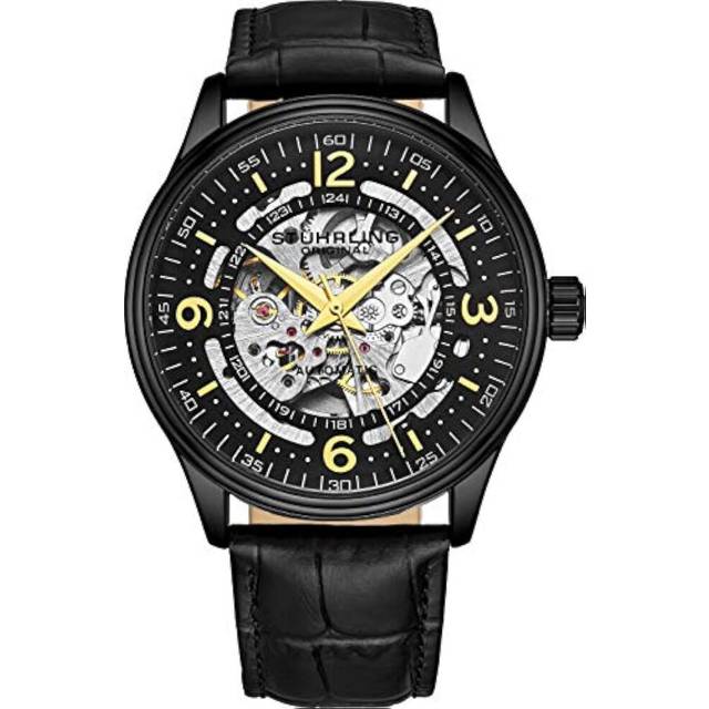 Denmark Automatic 42mm Skeleton Watch with Leather Band - Black - One Size