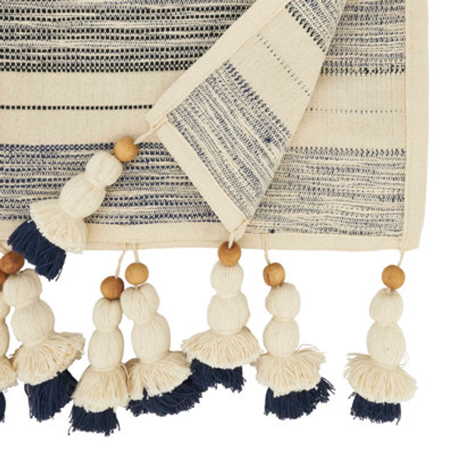 Saro Lifestyle 884.NB1372B 13 x 72 in. Wooden Beaded Tassel Stripe Table Runner, Navy Blue