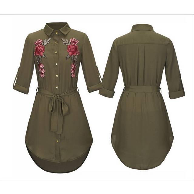 (Army Green, l) Short sleeved lace up waist shirt dress